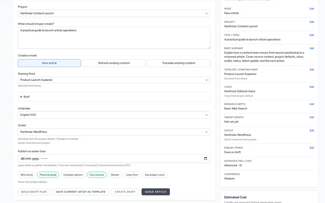 Creating an article in Unspar with a brief, a project and a starting point