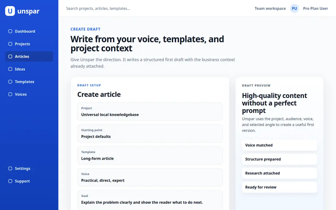 Article setup in Unspar with voice, template and project details
