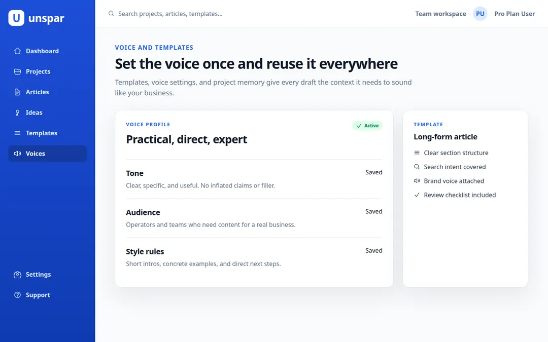Unspar voice settings: tone, audience and style rules reused in every draft